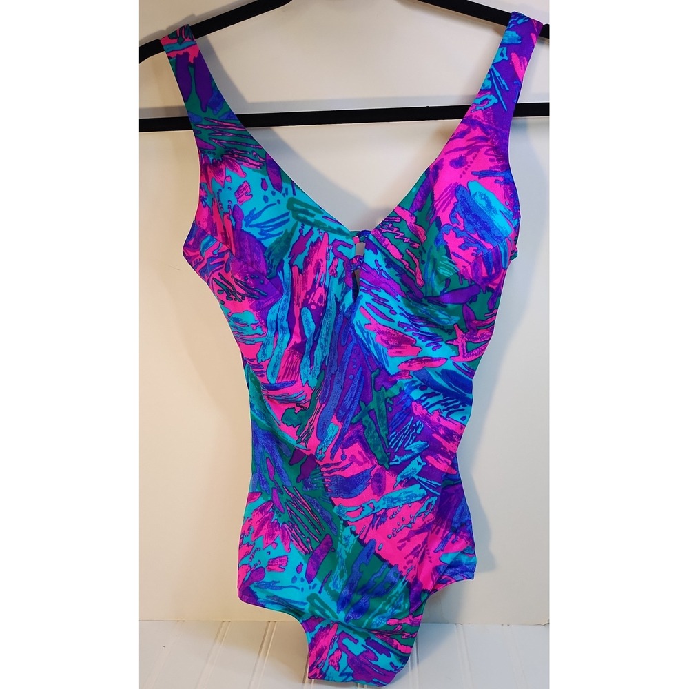 Maxine of Hollywood Vintage 80s One Piece Swimsuit Abstract Neon Pink Blue 10
